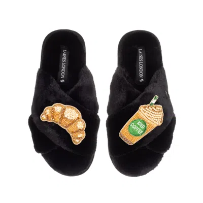 Laines London Women's Classic Laines Slippers With Iced Coffee & Croissant Brooches - Black