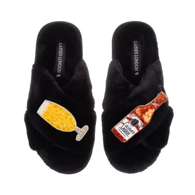 Laines London Women's Classic Laines Slippers With Laines American Lager Brooches - Black