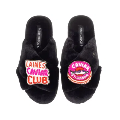 Laines London Women's Classic Laines Slippers With Laines Caviar Club Brooches - Black