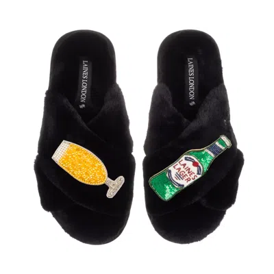 Laines London Women's Classic Laines Slippers With Laines Italian Lager Brooches - Black