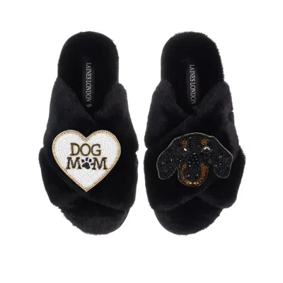 Laines London Women's Classic Laines Slippers With Little Sausage & Dog Mum / Mom Brooches - Black