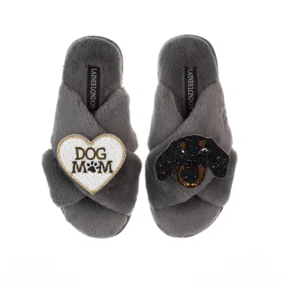 Laines London Women's Classic Laines Slippers With Little Sausage & Dog Mum / Mom Brooches - Grey