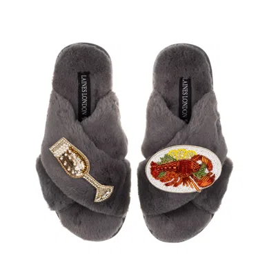 Laines London Women's Classic Laines Slippers With Lobster Platter & Glass Of Fizz Brooches - Grey