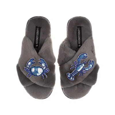 Laines London Women's Classic Laines Slippers With Mediterranean Blue Crab & Lobster Brooches - Grey