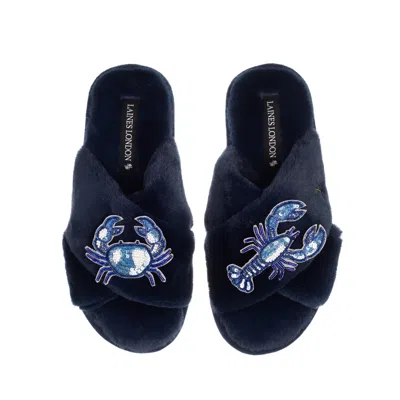 Laines London Women's Classic Laines Slippers With Mediterranean Blue Crab & Lobster Brooches - Navy
