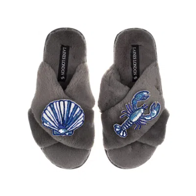 Laines London Women's Classic Laines Slippers With Mediterranean Blue Shell & Lobster Brooches - Grey