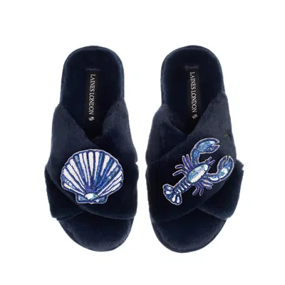 Laines London Women's Classic Laines Slippers With Mediterranean Blue Shell & Lobster Brooches - Navy