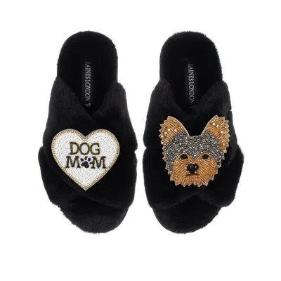 Laines London Women's Classic Laines Slippers With Minnie Yorkie & Dog Mum / Mom Brooches - Black
