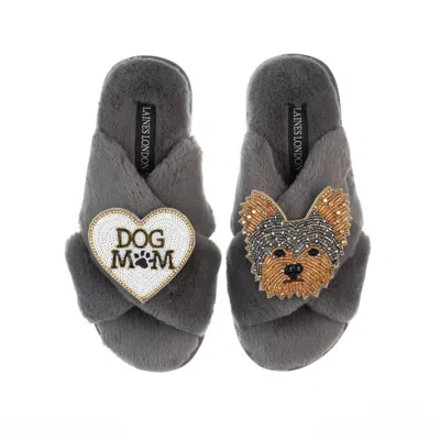 Laines London Women's Classic Laines Slippers With Minnie Yorkie & Dog Mum / Mom Brooches - Grey