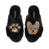 Laines London Women's Classic Laines Slippers With Minnie Yorkie & Paw Brooches - Black In Black