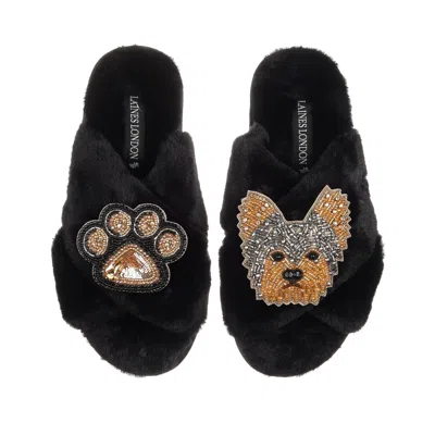 Laines London Women's Classic Laines Slippers With Minnie Yorkie & Paw Brooches - Black