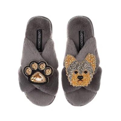 Laines London Women's Classic Laines Slippers With Minnie Yorkie & Paw Brooches - Grey