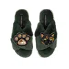 Laines London Women's Classic Laines Slippers With Misty Cat & Paw Brooches - Limited Edition Green In Green