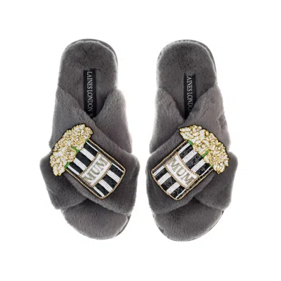 Laines London Women's Classic Laines Slippers With Mothers Day Double Mum Bouquet Brooches - Grey