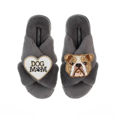Laines London Women's Classic Laines Slippers With Mr Beefy & Dog Mum / Mom Brooches - Grey