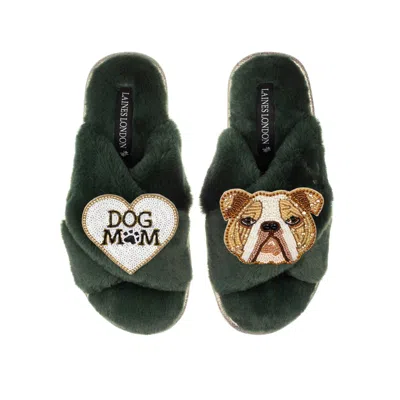 Laines London Women's Classic Laines Slippers With Mr Beefy & Dog Mum / Mom Brooches - Limited Edition Green