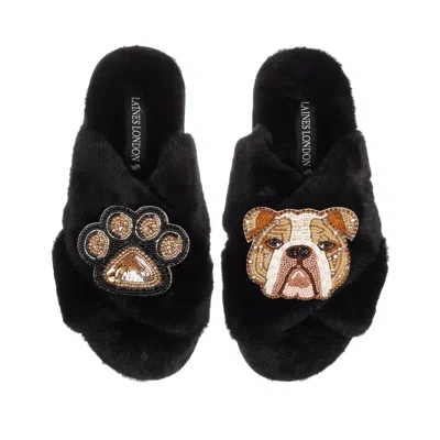 Laines London Women's Classic Laines Slippers With Mr Beefy Bulldog & Paw Brooches - Black