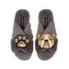 Laines London Women's Classic Laines Slippers With Mr Beefy Bulldog & Paw Brooches - Grey In Grey