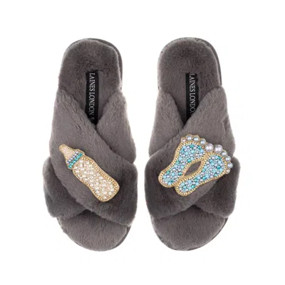 Laines London Women's Classic Laines Slippers With New Baby Boy Brooches - Grey