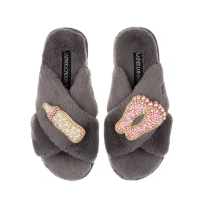 Laines London Women's Classic Laines Slippers With New Baby Girl Brooches - Grey
