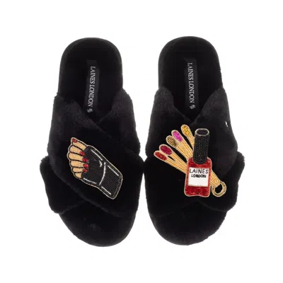 Laines London Women's Classic Laines Slippers With Olive Nail Tech Brooches - Black