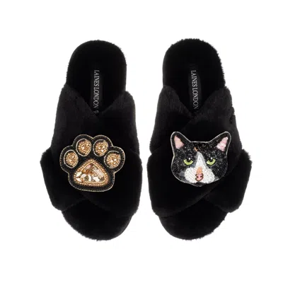 Laines London Women's Classic Laines Slippers With Oreo Cat & Paw Brooches - Black
