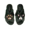 Laines London Women's Classic Laines Slippers With Oreo Cat & Paw Brooches - Limited Edition Green In Green
