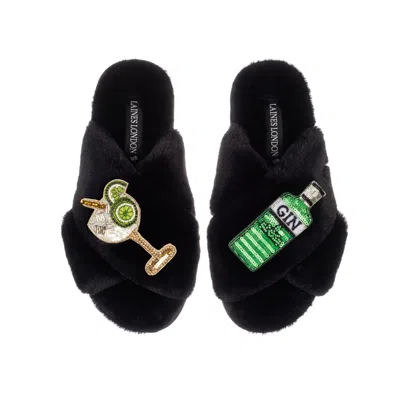 Laines London Women's Classic Laines Slippers With Original Gin & Glass Brooches - Black