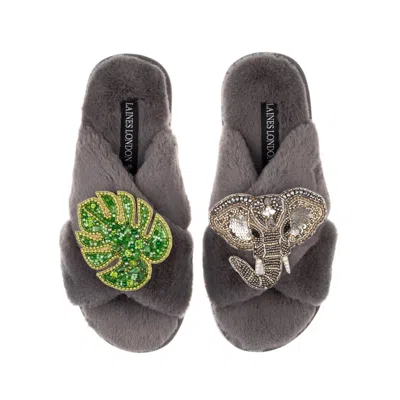 Laines London Women's Classic Laines Slippers With Palm Leaf & Silver Elephant Brooches - Grey