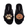 Laines London Women's Classic Laines Slippers With Paw & Apricot Cockapoo Brooches - Black In Black