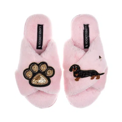 Laines London Women's Classic Laines Slippers With Paw & Black & Tan Dachshund Brooches - Pink