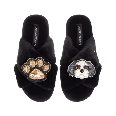 Laines London Women's Classic Laines Slippers With Paw & Black & White Shih Tzu Brooches - Black