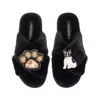 Laines London Women's Classic Laines Slippers With Paw & Black & White Sitting French Bulldog Brooches - Black In Black