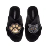 Laines London Women's Classic Laines Slippers With Paw & Black Scottish Fold Cat Brooches - Black In Black