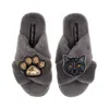 Laines London Women's Classic Laines Slippers With Paw & Black Scottish Fold Cat Brooches - Grey In Gray