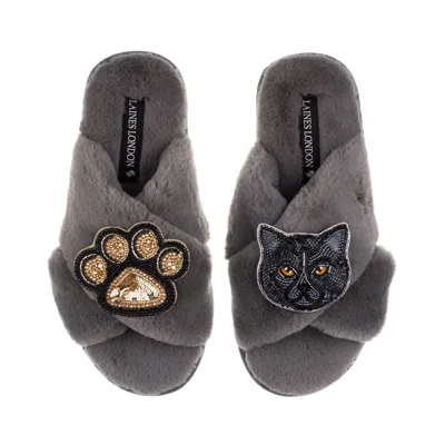 Laines London Women's Classic Laines Slippers With Paw & Black Scottish Fold Cat Brooches - Grey In Gray