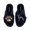 Laines London Women's Classic Laines Slippers With Paw & Blue Italian Greyhound Brooches - Navy In Multi
