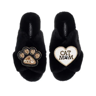 Laines London Women's Classic Laines Slippers With Paw & Cat Mum / Mom Brooches - Black