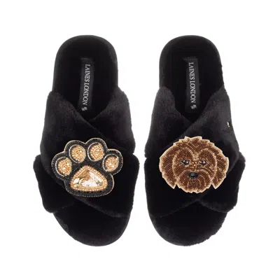 Laines London Women's Classic Laines Slippers With Paw & Chocolate Cockapoo Brooches - Black