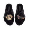 Laines London Women's Classic Laines Slippers With Paw & Dapple Dachshund Brooches - Black In Black