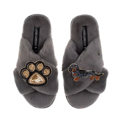 Laines London Women's Classic Laines Slippers With Paw & Dapple Dachshund Brooches - Grey In Gray