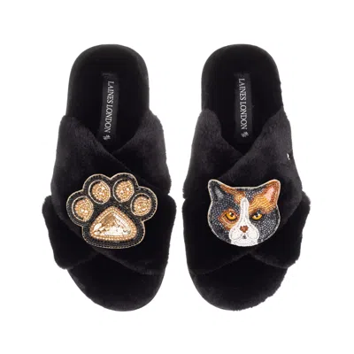 Laines London Women's Classic Laines Slippers With Paw & Domestic Shorthair Calico Cat Brooches - Black
