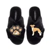 Laines London Women's Classic Laines Slippers With Paw & Fawn & White Italian Greyhound Brooches - Black In Black