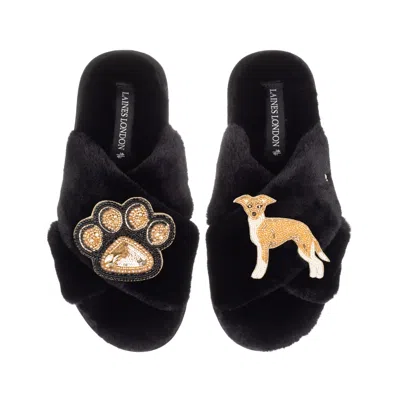 Laines London Women's Classic Laines Slippers With Paw & Fawn & White Italian Greyhound Brooches - Black