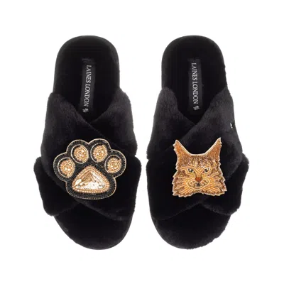 Laines London Women's Classic Laines Slippers With Paw & Ginger Norwegian Forest Cat Brooches - Black In Animal Print
