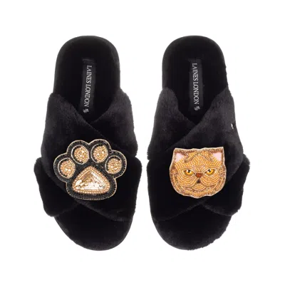 Laines London Women's Classic Laines Slippers With Paw & Ginger Persian Cat Brooches - Black In Animal Print