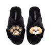 Laines London Women's Classic Laines Slippers With Paw & Gold & White Shih Tzu Brooches - Black In Black