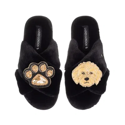 Laines London Women's Classic Laines Slippers With Paw & Golden Cockapoo Brooches - Black