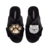 Laines London Women's Classic Laines Slippers With Paw & Grey Persian Cat Brooches - Black In Black