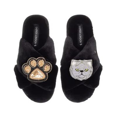 Laines London Women's Classic Laines Slippers With Paw & Grey Persian Cat Brooches - Black